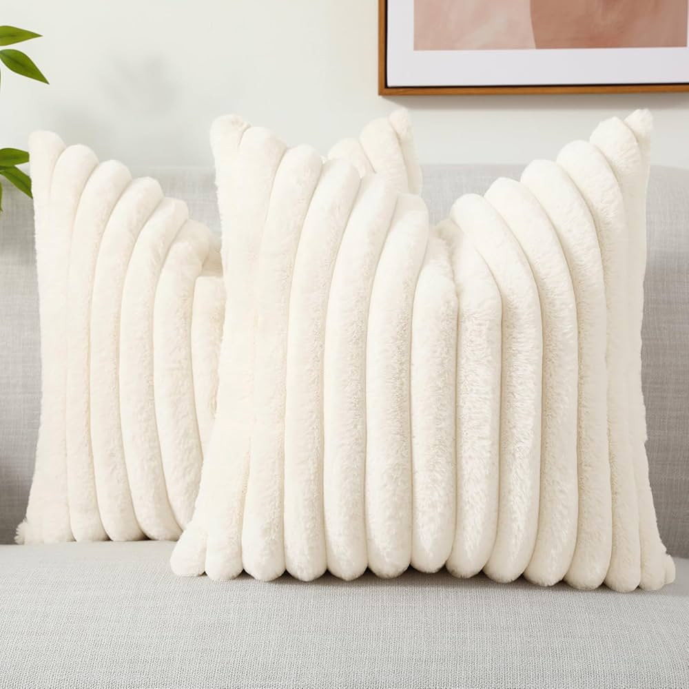 decorUhome Faux Fur Spring Throw Pillow Covers 18x18 Set of 2, Decorative Soft Plush Striped Couc... | Amazon (US)