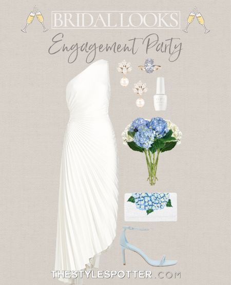 Wedding & Bridal Looks 💍 🥂 
This engagement party look is classy and formal. This pleated one shoulder ALC dress is breathtaking, and I’ve included a few great dupes. Pair with a touch of blue in your accessories for a soft and celebratory look. Don’t forget to decorate with hydrangeas. 🩵 
Check out my other bridal looks including engagement picture looks, engagement party looks, bridal shower looks, and rehearsal dinner looks.

#LTKFind #LTKwedding #LTKSeasonal