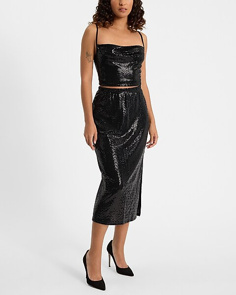 High Waisted Dot Sequin Midi Skirt | Express