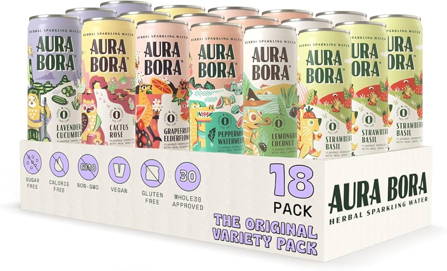 Aura Bora, Variety Pack Herbal Sparkling Water, 12 oz Can (Pack of 18), 0 Calories, 0 Sugar, 0 So... | Amazon (US)