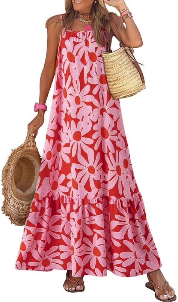 Dokotoo Women Summer Dresses 2024 Spaghetti Strap Scoop Neck Smocked Ruffle Flowy Boho Maxi Dress | Amazon (US)