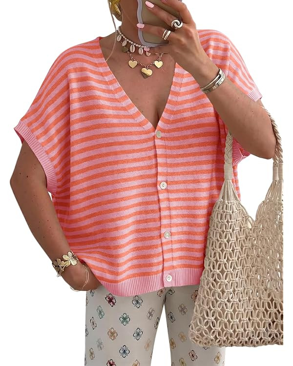 Saodimallsu Womens Summer Oversized Cardigans Batwing Short Sleeve Lightweight Button V Neck Casu... | Amazon (US)