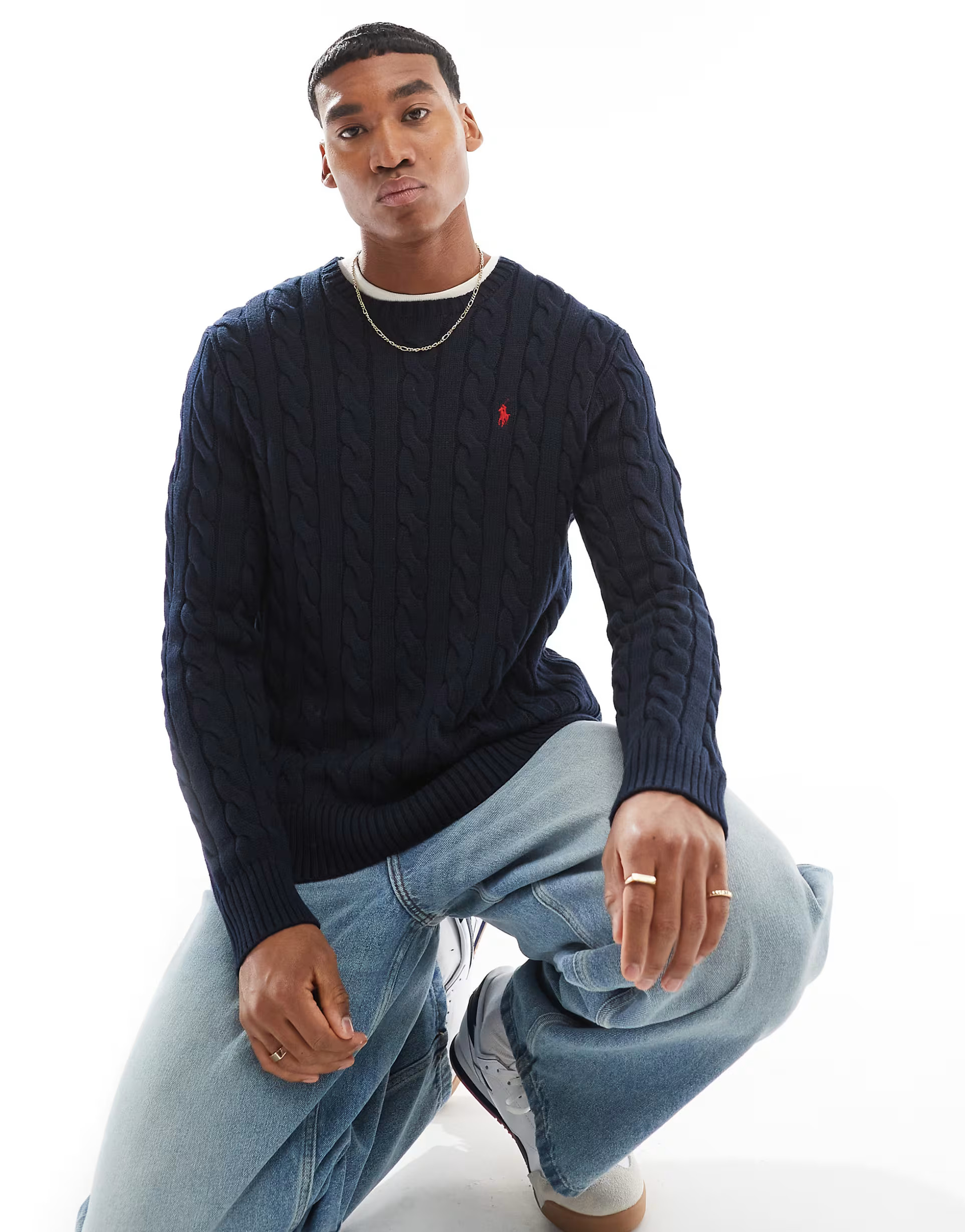 Polo Ralph Lauren icon logo roving cotton cable knit jumper in navy | ASOS (Global)