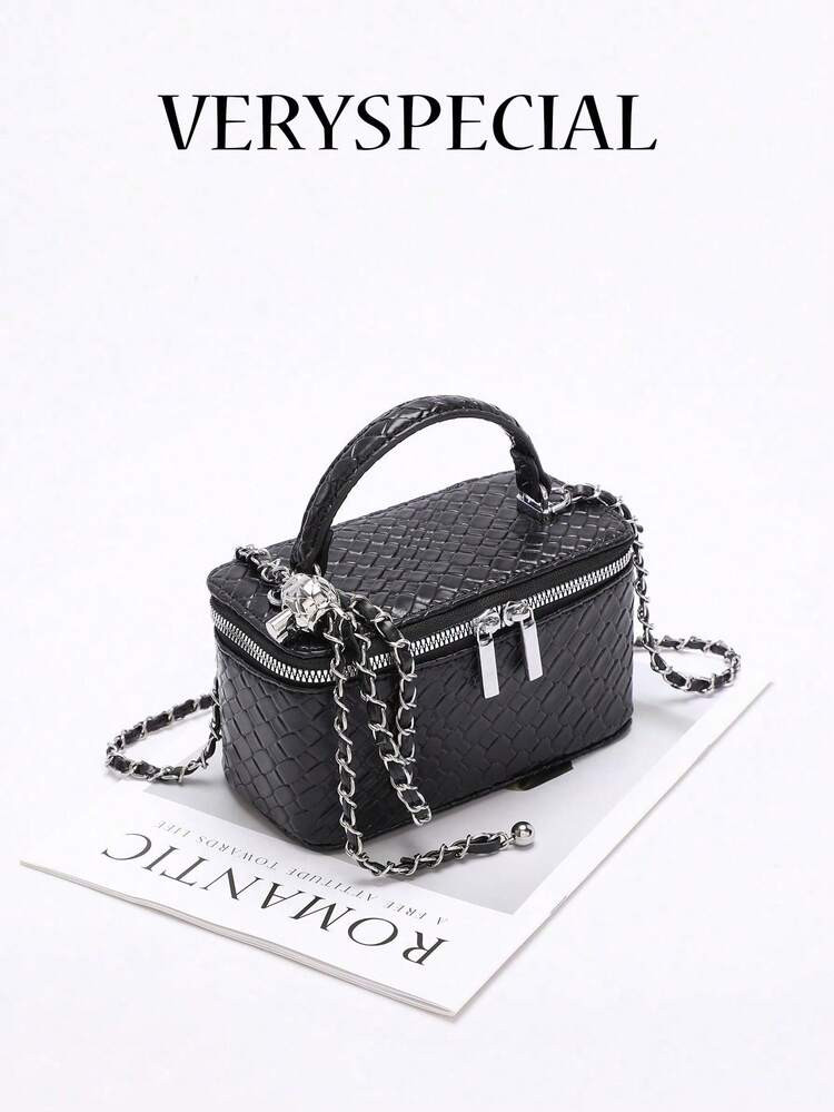 1pc Solid Color Embossed Woven Plaid Fashion PU Quilted Diamond Stitching Box Bag, Stylish & Versatile Zipper Small Square Bag, Women's Handbag With Chain Strap, Adjustable Copper Ball Hardware | SHEIN