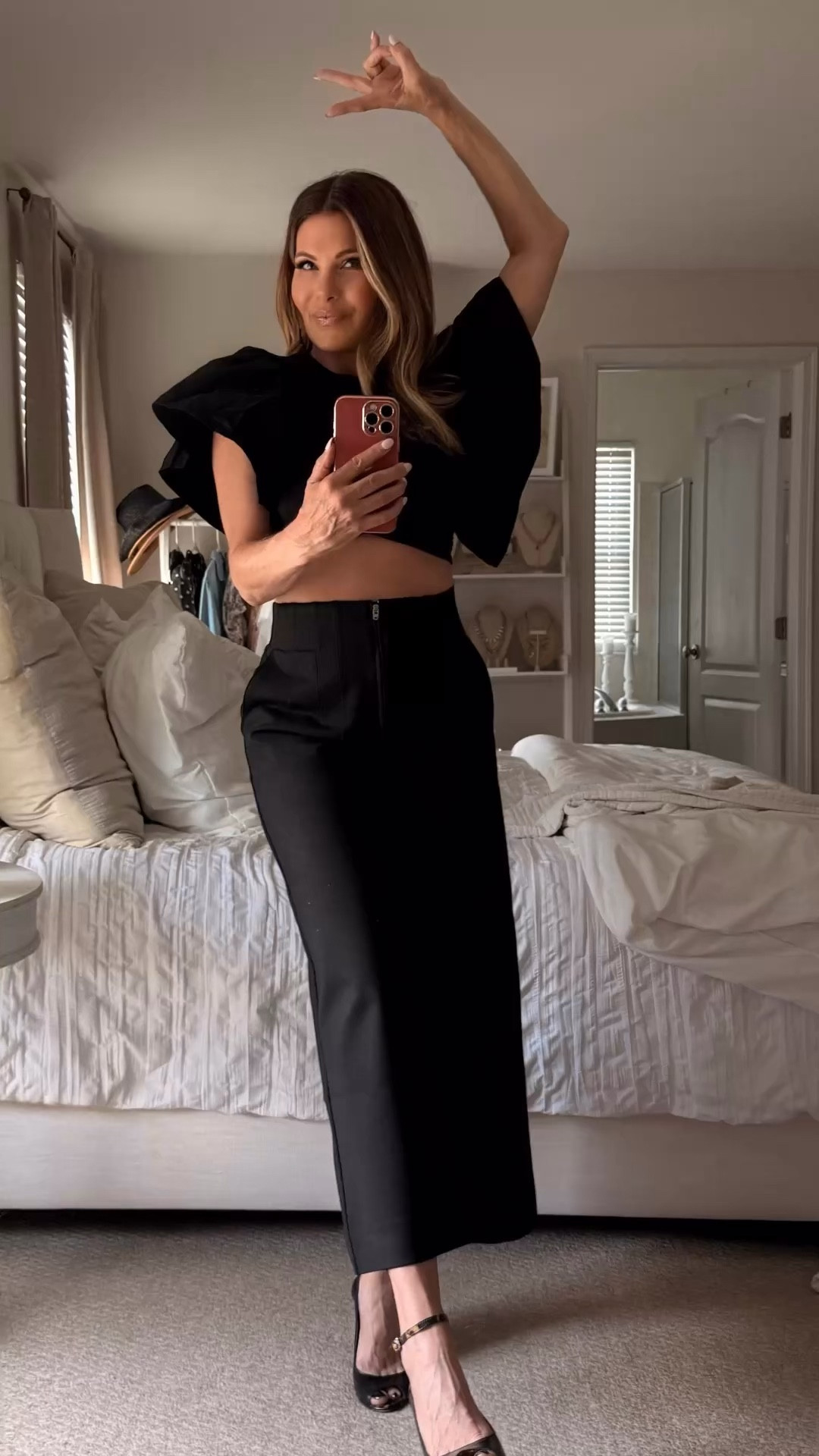 Black. Enough said. 

Pants - tts//Top by Zara, unable to link but message me and I can send it to you//heels - Ninewest (super old), linking something similar. 

My pants from Banana just sold out so I added a few similar pairs you can get. 
 

#LTKOver40 #LTKdayinmylife