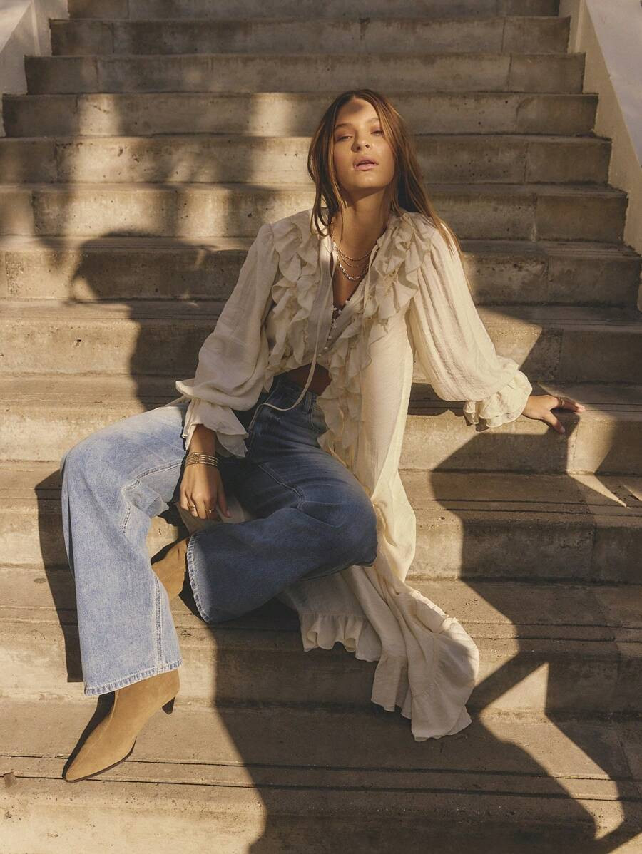 Aralina Winter Long Sleeved Ruffled Front Full Length Maxi Boho Cardigan Dress | SHEIN