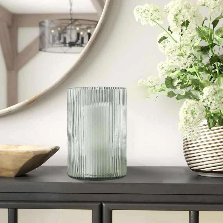 Better Homes & Gardens Green Glass Ribbed Hurricane Candle Holder, 8", Large, Living Room | Walmart (US)