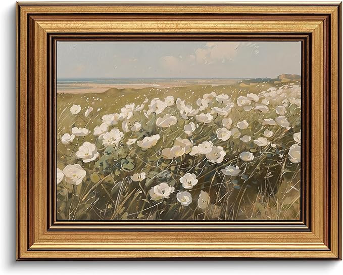Gold Framed Wall Art Vintage Wildflower Canvas Art Farmhouse Floral Picture White Flower Wall Dec... | Amazon (US)