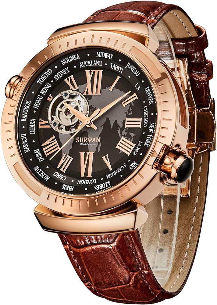 SURVAN Swiss Automatic Watch for Men World Time Mechanical Skeleton Wrist Watch 18k Yellow Gold Ion- | Amazon (US)