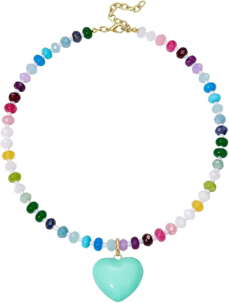 KissYan Beaded Necklaces for Women, Colorful Boho Bead Choker With Bubble Puffy Heart Pendant, Na... | Amazon (US)