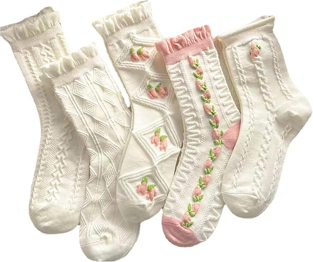 Women's Floral Design Vintage Crew Socks Ethnic Jacquard Knit Set | Amazon (US)