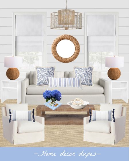 Time for another DUPE room!! This time a pretty light, bright & airy living space 😍 all made up of items that are either dupes, on sale, or just affordable finds!! What do you guys think?!

This Serena & Lily mirror is currently $300 OFF during their dining sale 🙌🏻 and these throw pillows are all still on sale!

The table lamps, sofa, swivel chairs, rug & coffee table are all dupes 👏🏻👏🏻👏🏻

And these linen blinds are new, come in 3 different colors, many size options AND are affordable!! Plus this chandelier is sold at many retailers but I found it here on sale!! 

#LTKfamily #LTKhome #LTKsalealert
