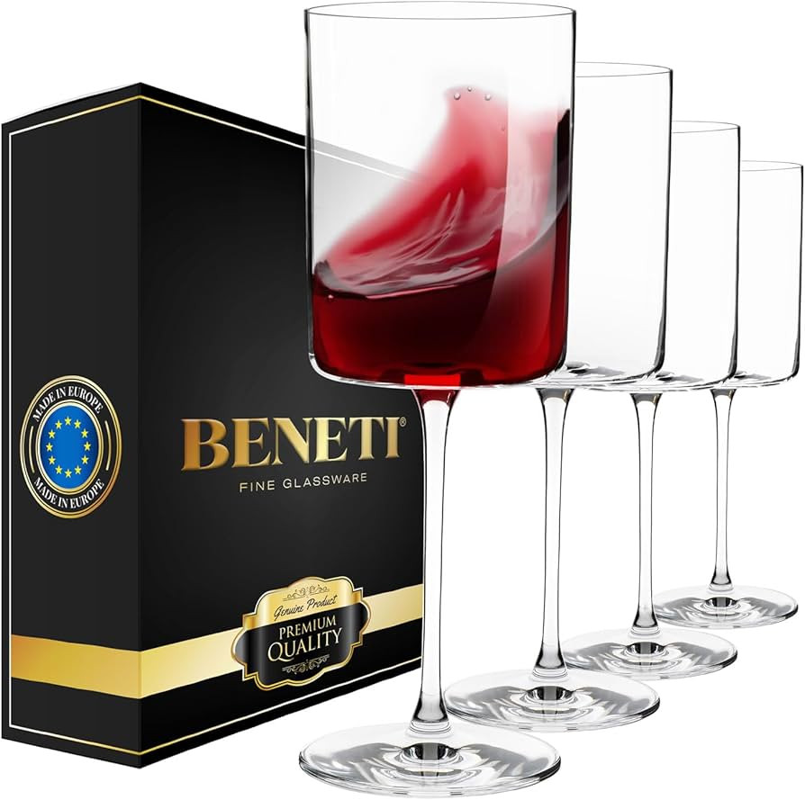 BENETI Square Crystal Wine Glasses Set Of 4 - European-made Handblown 14 oz Gift Packed Glasses -... | Amazon (US)