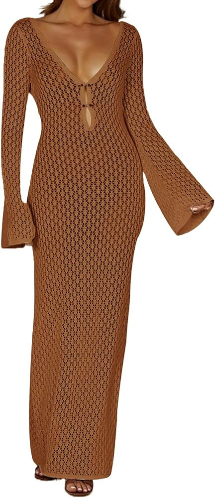 Leoparts Crochet Swimsuit Cover Up for Women Sexy V Neck Hollow Out Backless Maxi Dress Beach Bik... | Amazon (US)