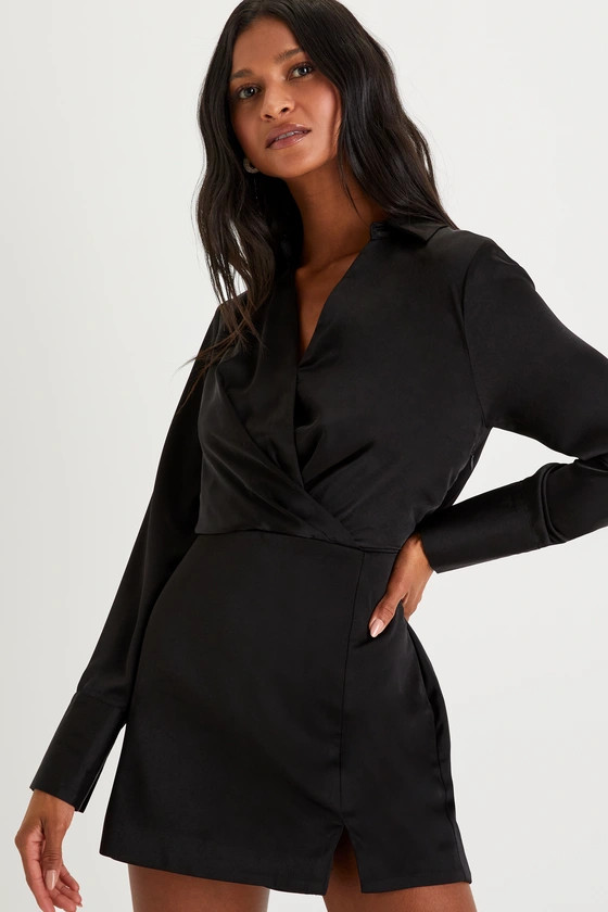 Sophisticated Effort Black Satin Long Sleeve Collared Romper | Lulus (US)