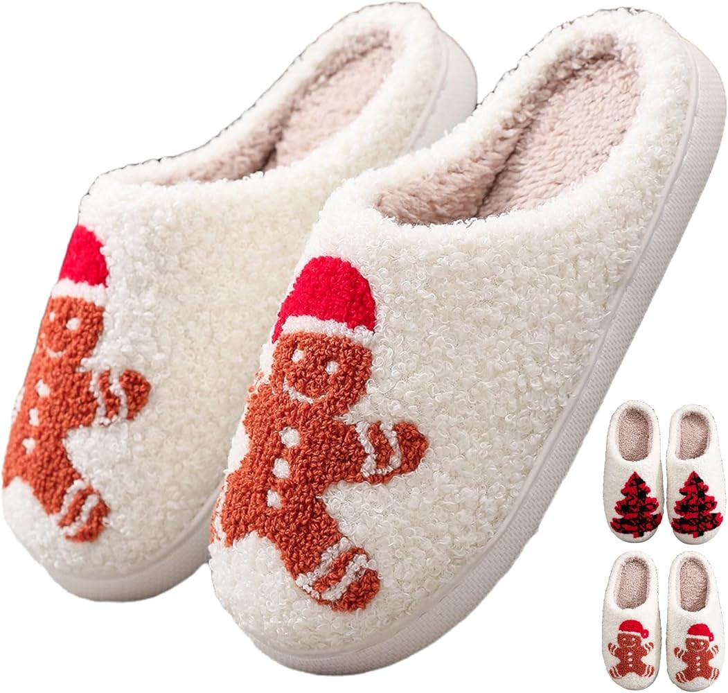Christmas Slippers Gingerbread Man Fuzzy Slippers for Womens Men Winter Warm House Couple Slipper... | Amazon (US)