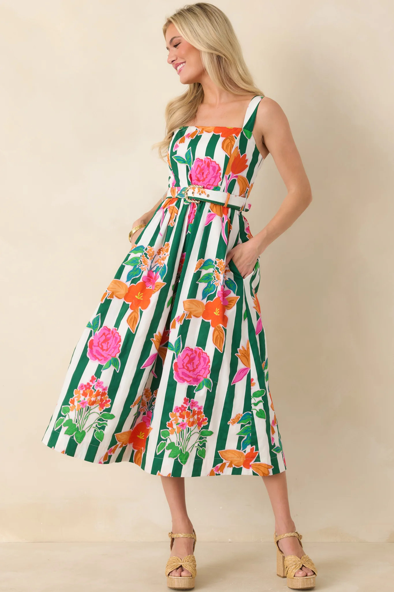 Prosperina Hampton Green Multi Floral Stripe Cotton Midi Dress | Red Dress