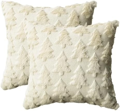 AVOIN colorlife Christmas Tree Beige Throw Pillow Covers Set of 2, 18 x 18 Inch Soft Plush Faux F... | Amazon (US)