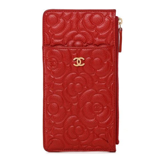 Caviar Camellia Embossed Classic Flat Wallet Pouch Red | FASHIONPHILE (US)