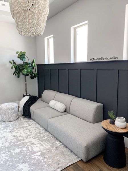 Our Game Room modern couch furniture, natural area rug and beaded Chandelier at Modern Farmhouse Glam.
Home decor. Black accent table. Coffee table. McGee and Company, target home, white vase, dark grey black paint colors 

#LTKhome