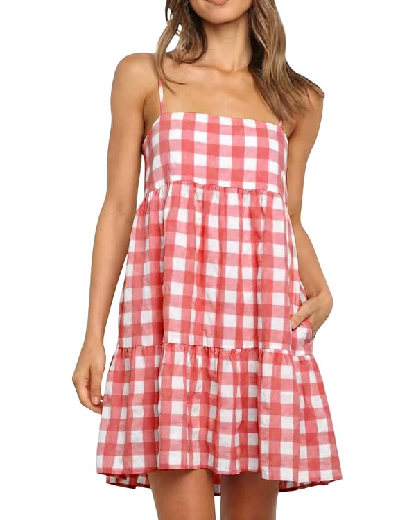Wenrine Womens Summer Plaid Mini Dress Casual Spaghetti Strap Sleeveless A Line Beach Sundress wi... | Amazon (US)