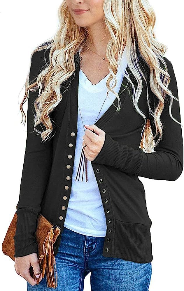 Women Long Sleeve Snaps Button Down V Neck Cute Knit Sweater Cardigan | Amazon (US)