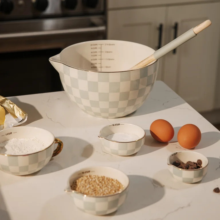Thyme & Table 5-Piece Ceramic Mixing Bowl Set. Green Check | Walmart (US)