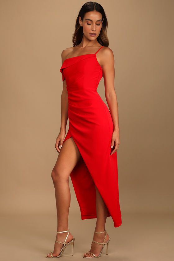 Showing Off a Little Red Asymmetrical Tulip Midi Dress | Lulus (US)