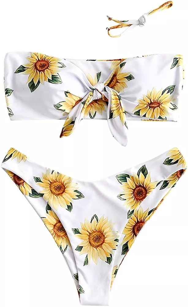 Women's Floral Print Bandeau Bikini Set High Cut Strapless Knot