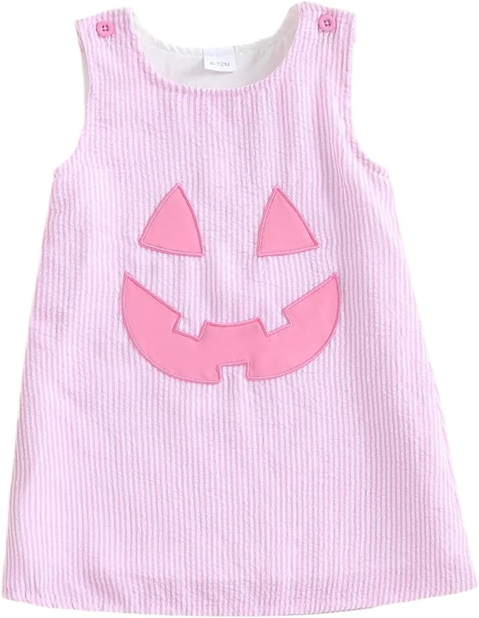 Toddler Baby Girl Halloween Outfit Pumpkin Face Embroidery Dress Striped Sleeveless Tank Dress In... | Amazon (US)