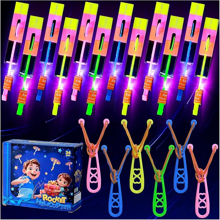 SCIONE 24 Sets LED Flying Set, 24 Slingshot+24 Glow Helicopter-48 Pcs, Flying Toy Outdoor Toys Gl... | Amazon (US)