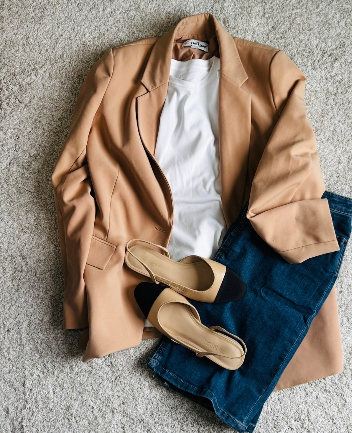 Camel blazer and denim skirt with the perfect neutral flat!!!