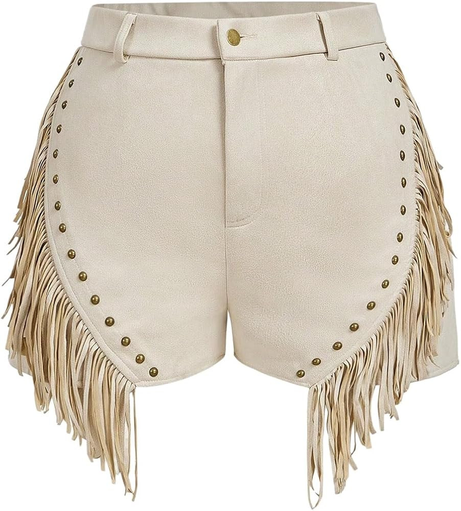 MakeMeChic Women's Party Plus Size Suede High Waist Shorts Rivet Fringe Skinny Shorts | Amazon (US)