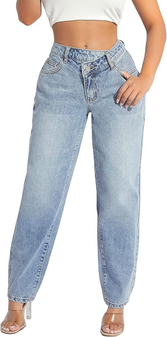 Verdusa Women's Casual High Waist Zip Up Denim Long Pants Jeans | Amazon (US)