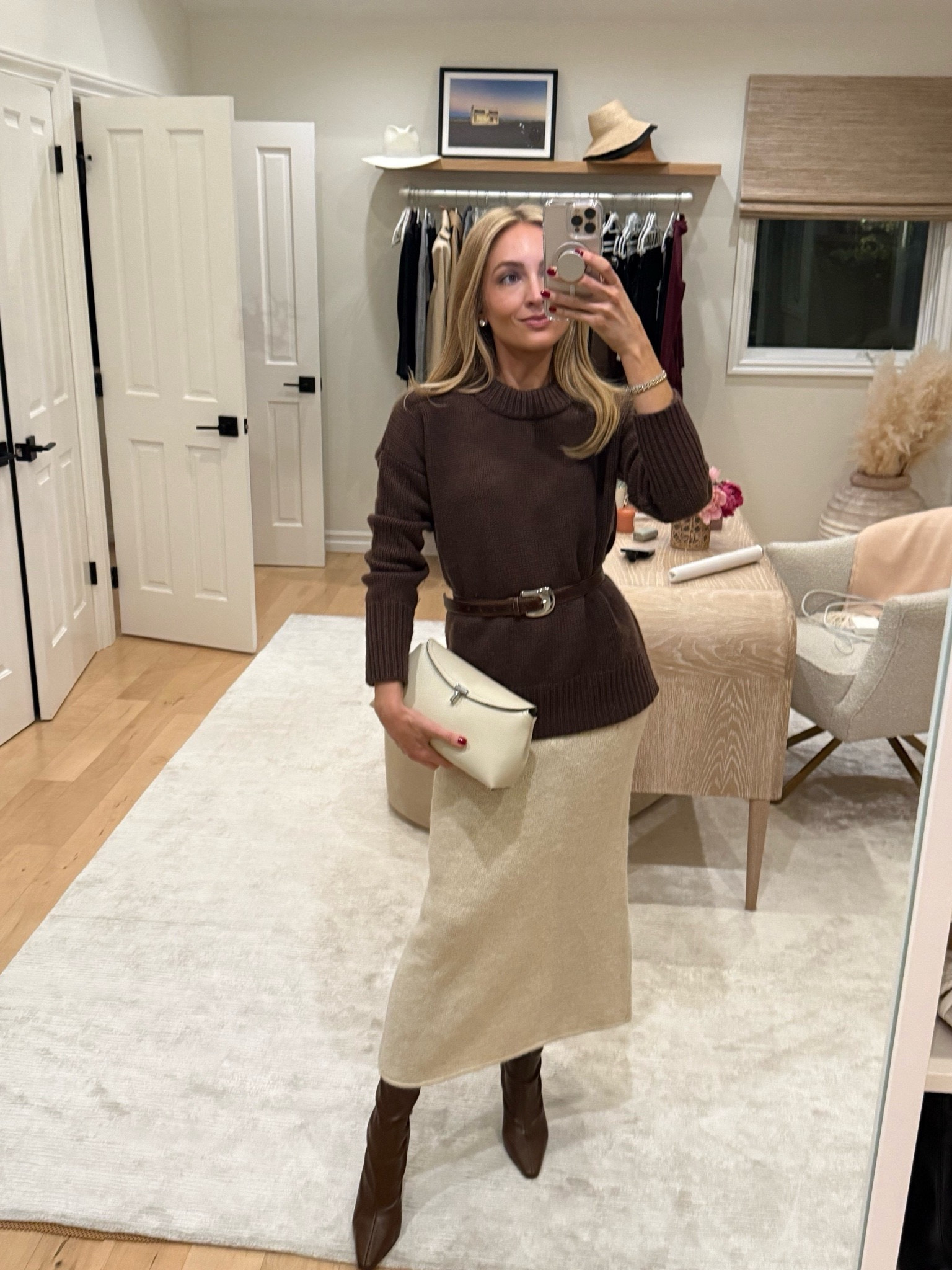Headed to dinner at Le Petit Trois in this brown/cream combo 🐻 skirt is old Zara and boots Gia last winter but linked the rest! Sizes worn here: Sweater XS (TTS relaxed fit) Belt XS (TTS)

#LTKHoliday #LTKStyleTip #LTKSeasonal