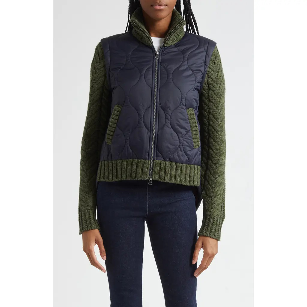 Veronica Beard Patra Quilted Mixed Media Wool Blend Jacket in Navy Army Melange at Nordstrom, Size Small | Nordstrom