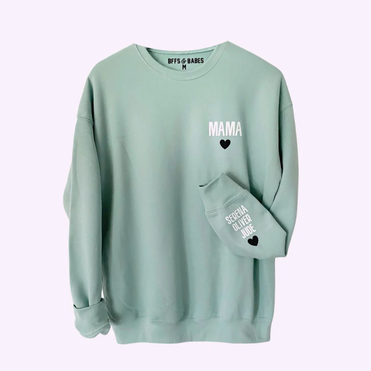 LOVE ON THE CUFF ♡ customizable seafoam sweatshirt with personalized cuff | BFFS & BABES