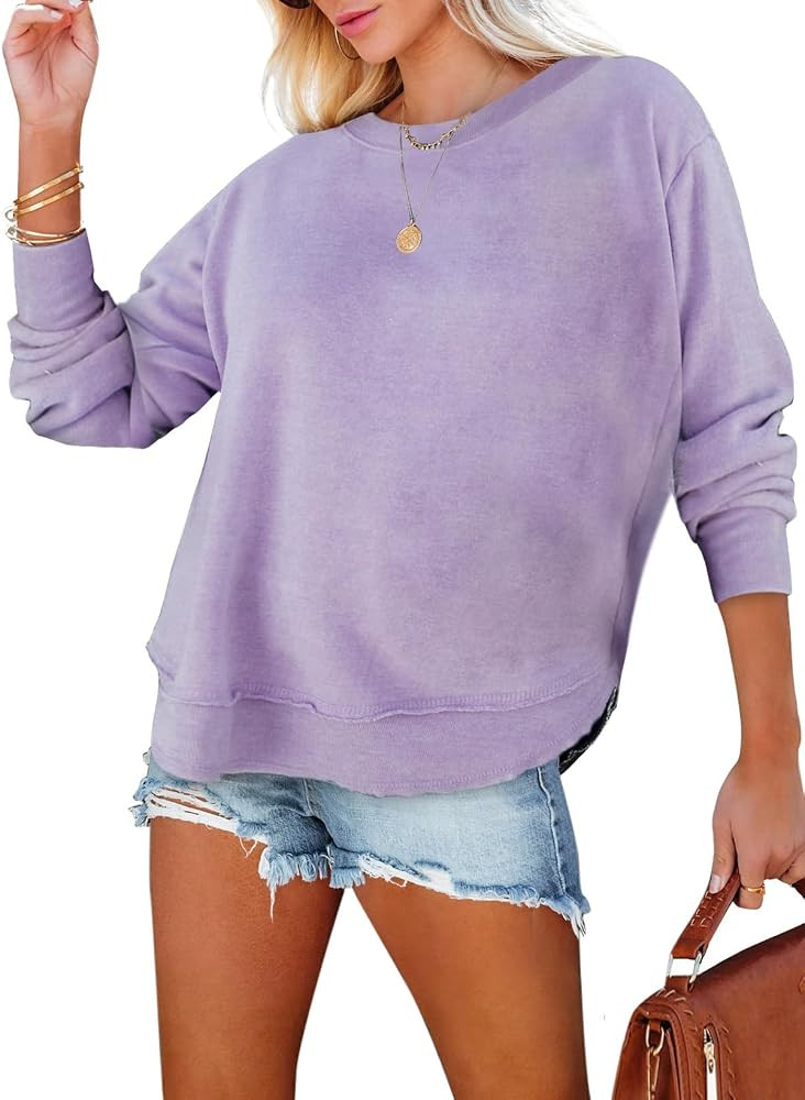EVALESS Sweatshirt for Women Crewneck Long Sleeve Side Split Tops Casual Solid Color Loose Pullov... | Amazon (US)