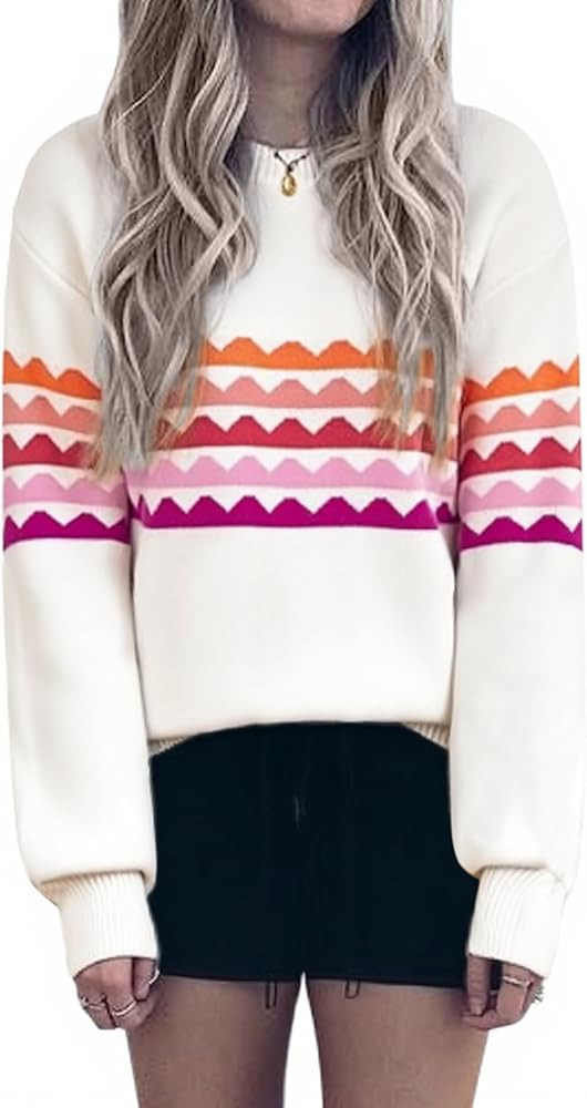 ECOWISH Women's Sweater Rainbow Colorful Striped Sweaters Long Sleeve Crew Neck Color Block Casua... | Amazon (US)