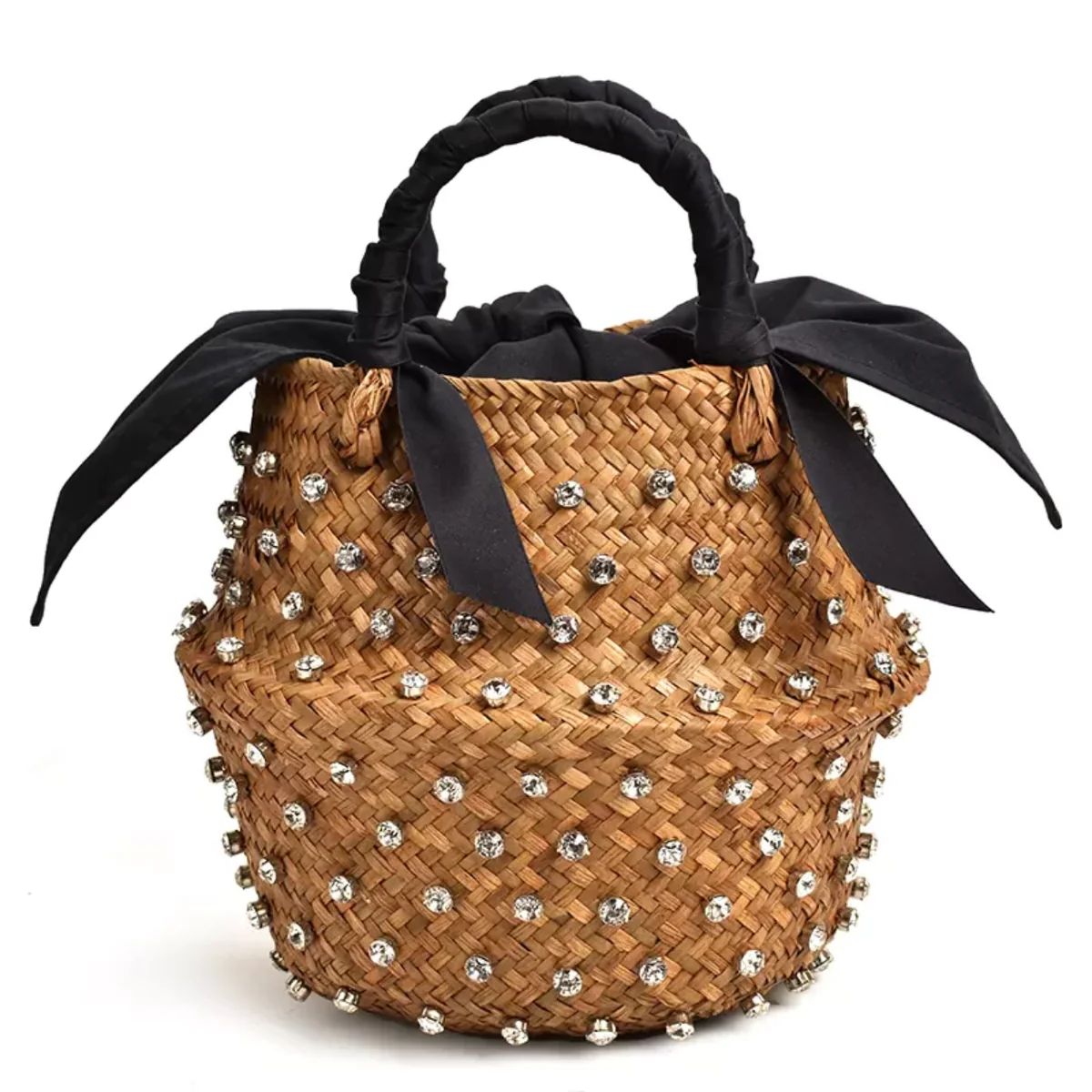 Black Ribbon Woven Bucket Bag with Diamonds | Sea Marie Designs