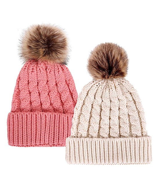 Simplicity Women's Winter Hats Pink - Pink & Cream Pom-Pom Beanie Set | Zulily