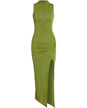Women Sexy Semi Sheer Sleeveless Mock Turtleneck Jersey Ruched Thigh Slit Bodycon Maxi Dress for ... | Amazon (US)
