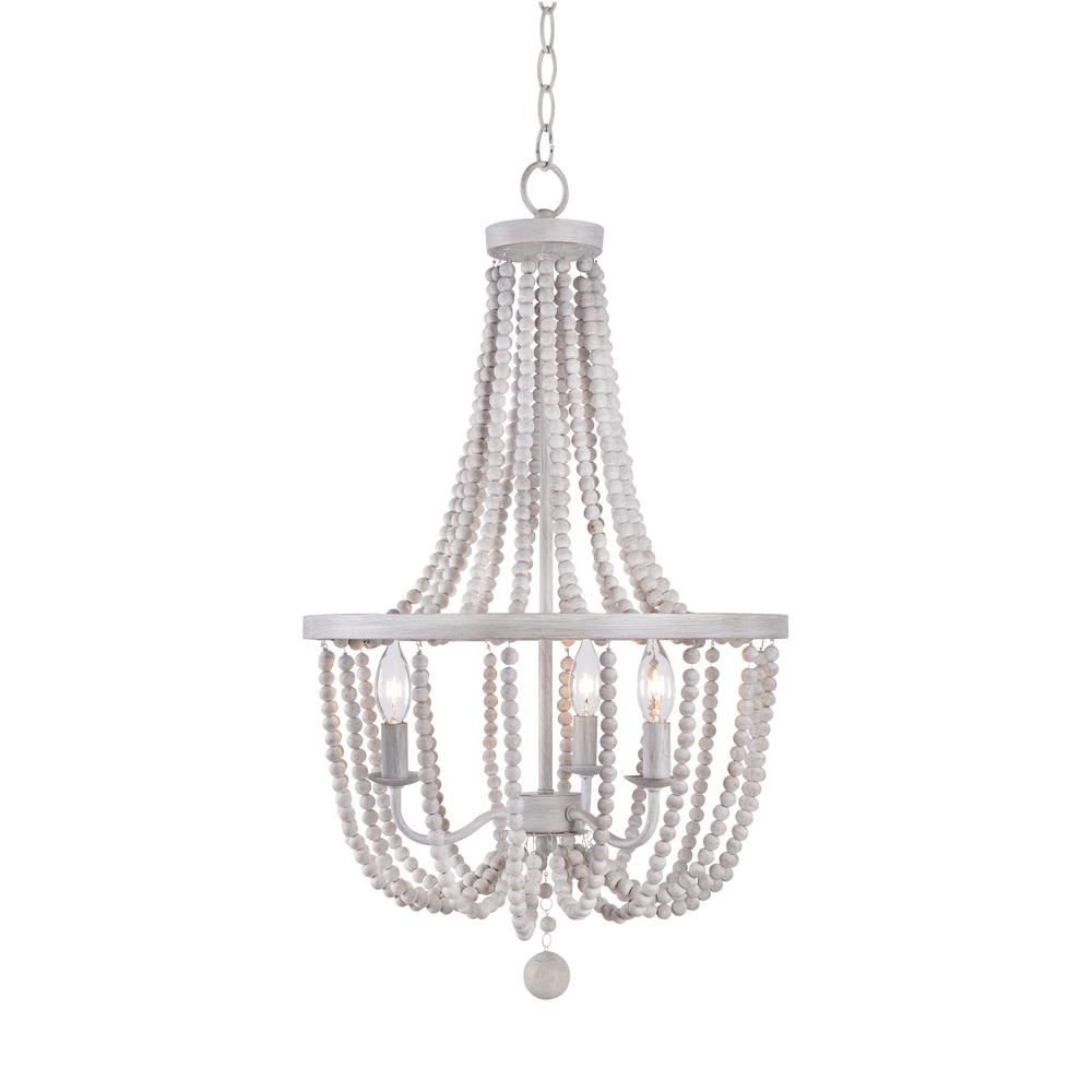Manor Brook Oliver 3-Light Weathered White Beads Shade Natural Wood Beaded Chandelier | The Home Depot