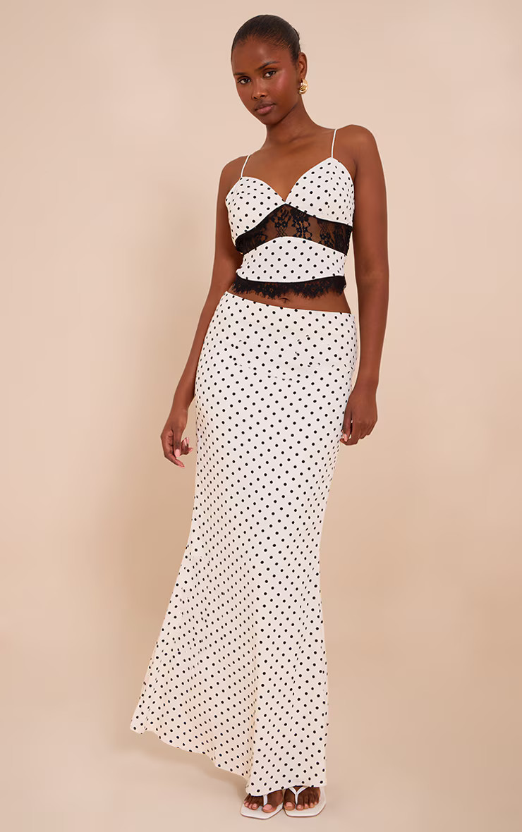 White Polka Dot Mid Rise Fishtail Maxi Skirt | Co-ords | PrettyLittleThing UK