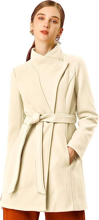 Allegra K Women's Classic Stand Collar Long Sleeve Winter Belted Long Coat | Amazon (US)