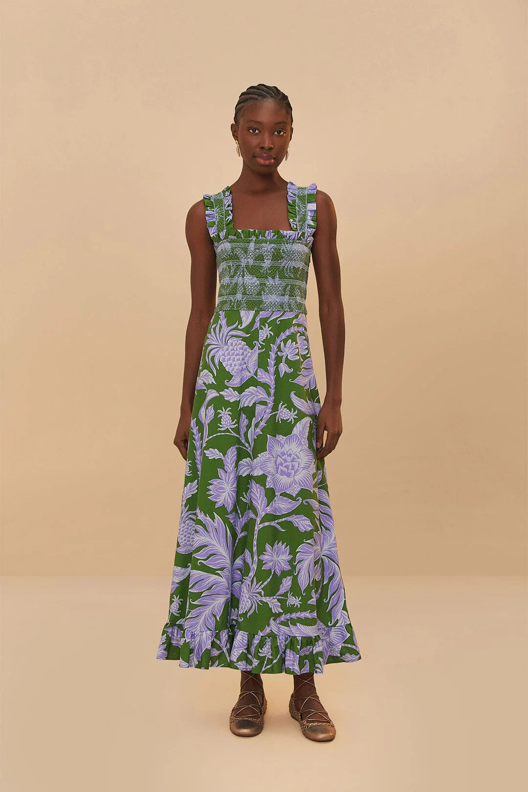 Green Tropical Swing Sleeveless Midi Dress | FarmRio (US)