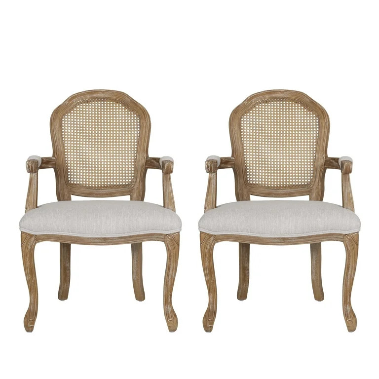 Mariette French Country Wood and Cane Upholstered Dining Chair, Set of 2, Light Gray and Natural | Walmart (US)