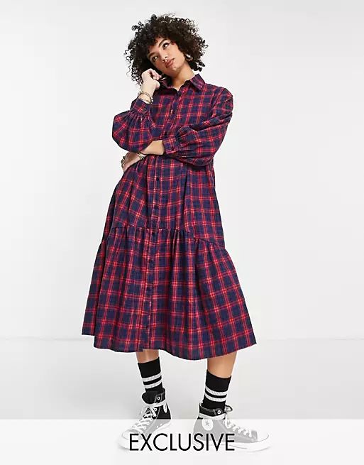 Reclaimed Vintage inspired midi button through smock dress in red check | ASOS (Global)