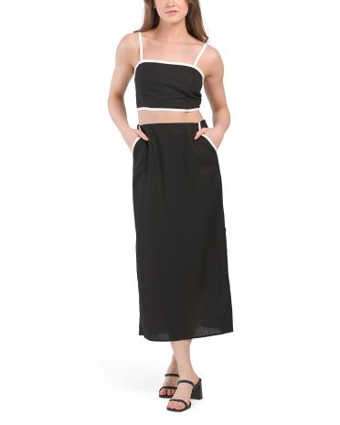 Linen Blend Contrast Trim Bralette And Skirt Set | TJ Maxx