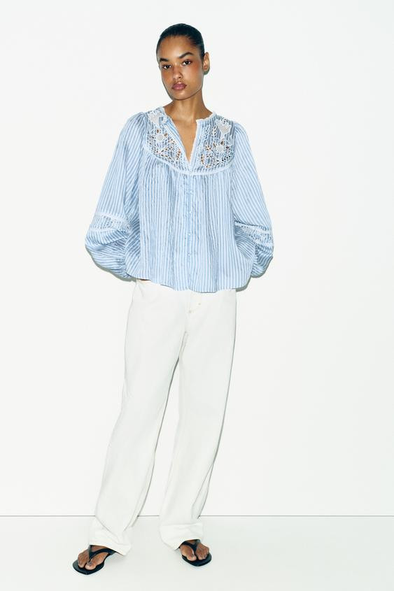 STRIPED EMBROIDERED BLOUSE | Zara US